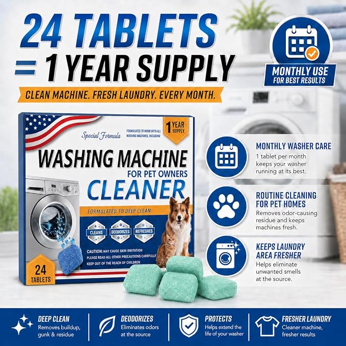 24 Pack Washing Machine Cleaner Tablets – Special Formula for Pet Owners, Remove Cat & Dog Hair, Dissolve Stubborn Dirt, Eliminate Pet Odor, Compatible with Top & Front Load, HE Washers, 1 Year Supply