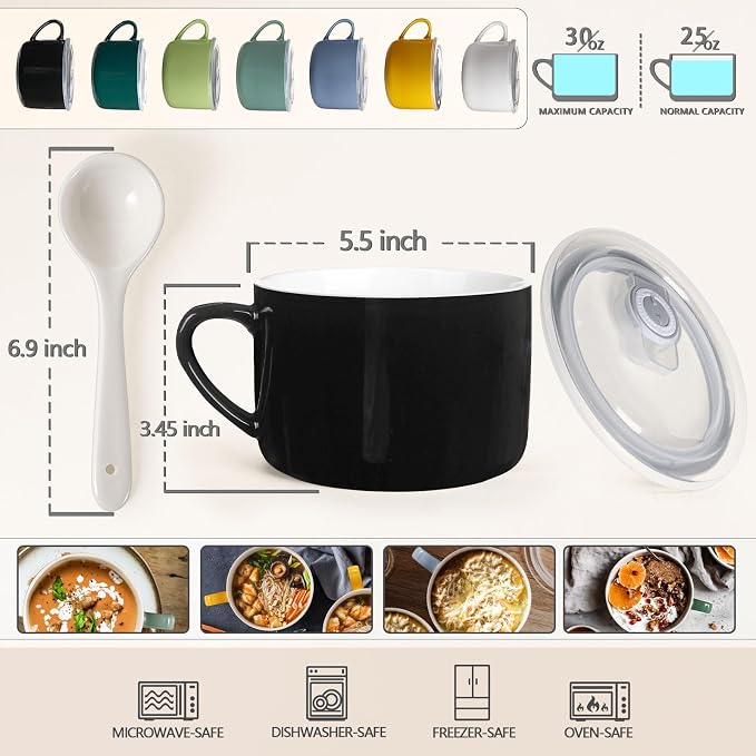 Soup Bowls with Handles & Spoons, 30oz Ceramic Ramen Bowl with Lid, Large Soup Mugs/Cups for Instant Noodle, Big Cereal Bowls for Oatmeal, Soup Containers with Lids, Set of 2, Black