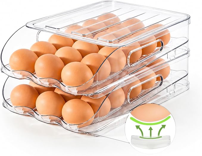 SMRCAD 36-Egg Dispenser with Silicone Bumpers, Auto-Rolling, Stackable | BPA-free food-grade PET | Stackable with lid | Built-in handle | 11.92"L x 8.85"W x 5.4"H | Hand wash only