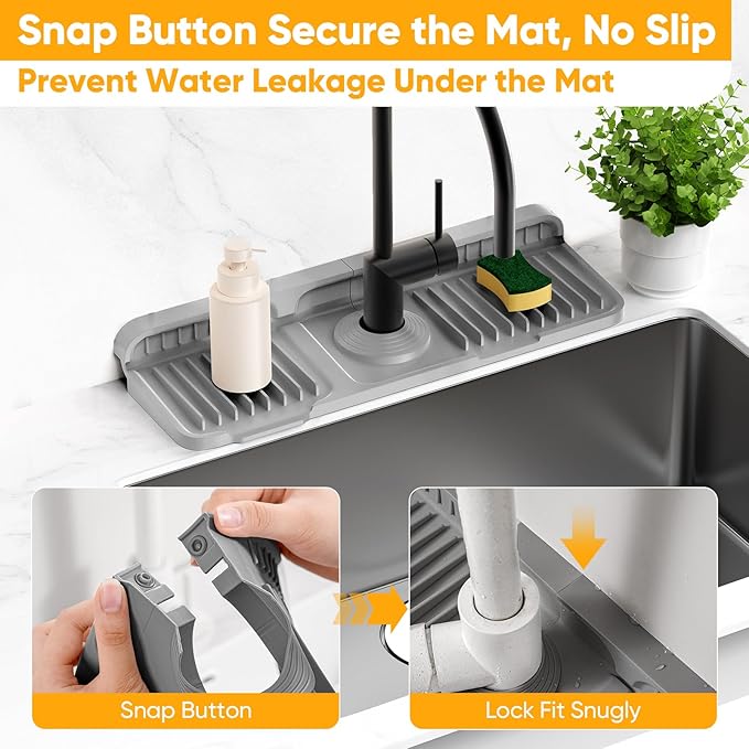 14.6 inch Faucet Mat for Kitchen Sink Splash Guard[7° Slope Fast Self-draining][Snap Lock Fit]Kitchen Sink Faucet Mat Splash Guard Kitchen Sink Area Water Splash Guard Behind Faucet Draining Mat