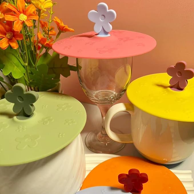 flower Silicone Cup Covers (Set of 5), Multicolored Silicone Lids for Mugs, Cups, Flexible Mug Covers, Tea Pots, Hot Cup Lids for Coffee & Tea (Style D)