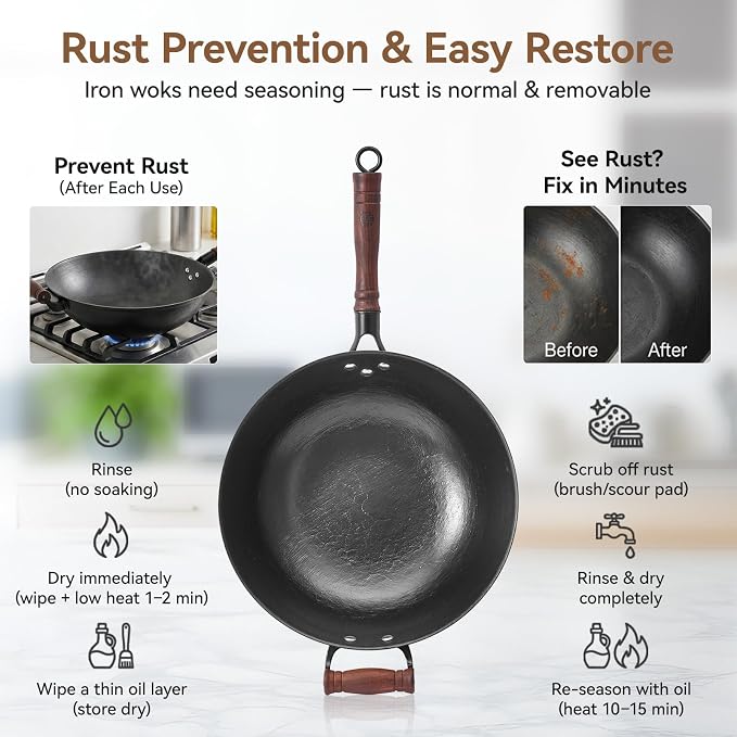 WANGYUANJI Cast Iron Wok Pan with Lid, 14.2 Inch Large Flat Bottom Uncoated Stir Fry Skillet, Heavy Duty Chinese Iron Pot for 4-6 People, Detachable Walnut Handle, Induction & Gas Safe