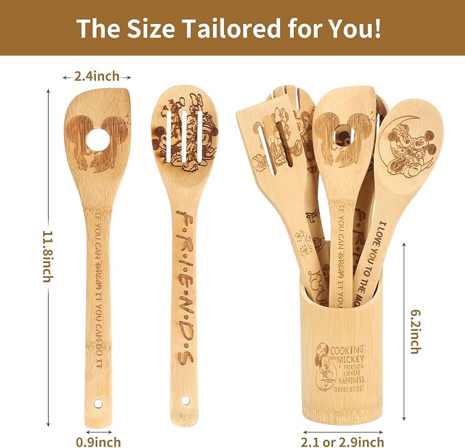 Wooden Spoon for Cooking- Cartoon Wooden Spoons Bamboo Utensils Set Kitchen Decoration- Birthday Gift Kitchen Accessory with Cute Apron Oven Mitt Potholder- Best Kitchen Gifts for Women Friends (Grey)