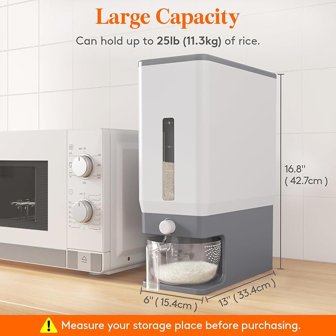 Lifewit Rice Dispenser 25 Lbs, Airtight Storage with Cup, 2 Pack Grey | BPA-Free 11.3kg Capacity Storage Container for Beans, Corn & Other Small Grains, One-Press Dispensing Bin for Kitchen Pantry