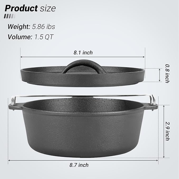 Northriver Casting Cast Iron Dutch Oven Pot with Lid, for Small Dishes, Side Dishes, Camping Cookware set, BBQ, Garlic Roaster, 1.5 Quart Pan