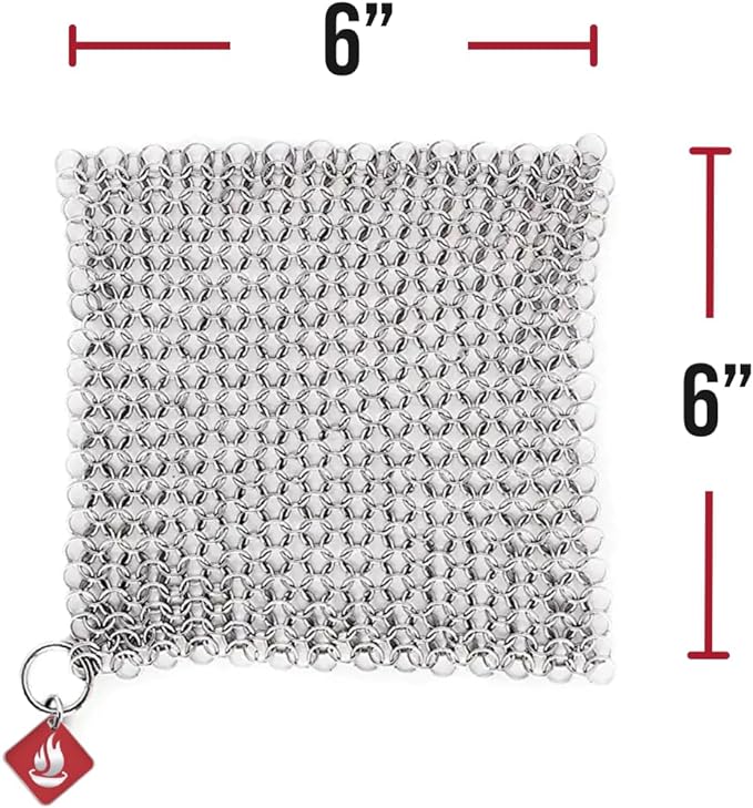Knapp Made CM Scrubber 6" x 6" Small Ring Chainmail Cast Iron Scrubber, Premium Stainless Steel Mesh Cleaner for Pre-Seasoned Pans, Dutch Ovens, Grills and Skillets