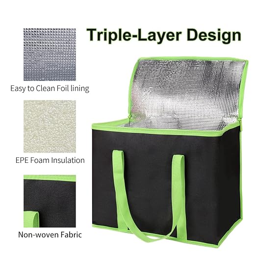 Bodaon 5-Pack Cooler Insulated Food Delivery Bag, Thermal Hot Pizza, X-Large Bags for Grocery/Catering/Shopping, Rideshare Delivery Bag, Large Cold Frozen Accessories, Black-Green Edge