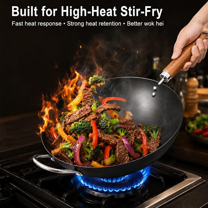 WANGYUANJI Carbon Steel Wok Pan, 13.4" Woks & Stir-Fry Pans with Glass Lid No Chemical Coated Flat Bottom Iron Wok for Induction, Electric, Gas, Halogen All Stoves | Uncoated Stir Fry Pan with Wooden Handle for Gas, Electric, Induction, Ceramic & Halog...