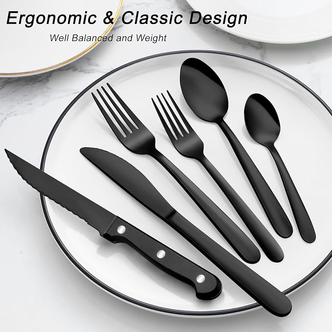 Pleafind 72Pcs Black Silverware Sets for 12 - Dishwasher Safe, Flatware Set with Steak Knives, Stainless Steel Cutlery Set, Include Forks Spoons and Knives Set, Utensil Sets for Home Restaurant