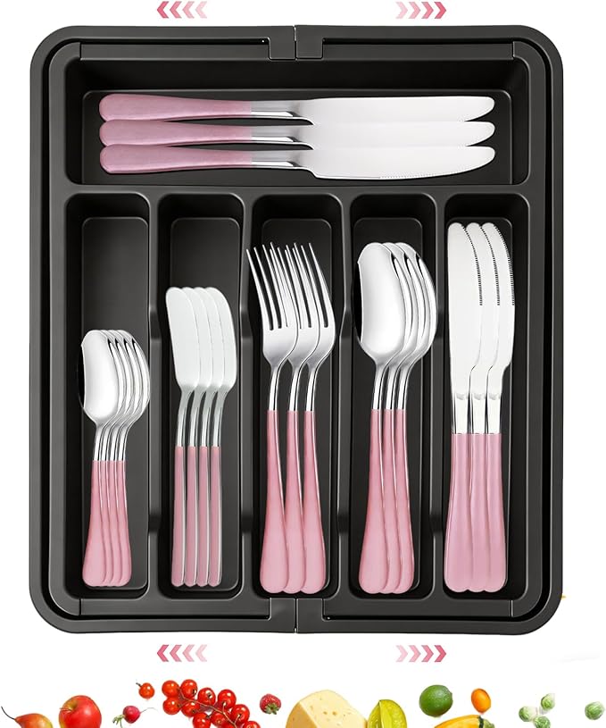 30 Pieces Silverware Set with Organizer, Stainless Steel Cutlery Set Flatware Set for 6 Person, Tableware Set Includes Dinner Knives Forks Spoons Teaspoons Butter Knives (PinK Silver-30PCS)