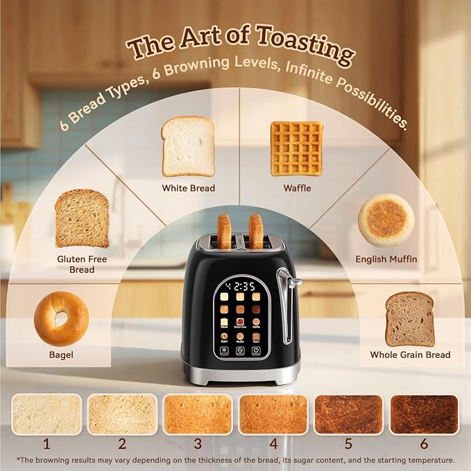 RONGBEST Retro 2 Slice Toaster with Stainless Steel Wide Slot Touch Screen for Family Breakfast, 6 Browning Levels, Reheat & Defrost Bagel and Bread, Removable Crumb Tray, Jet Black