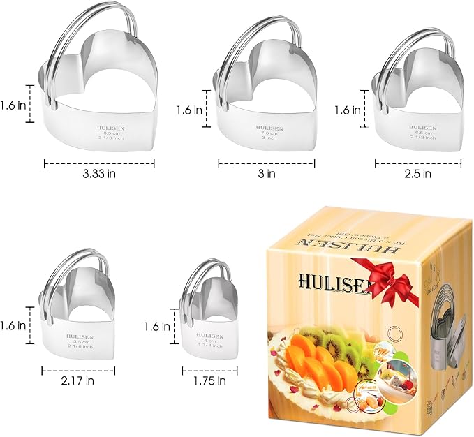 HULISEN Heart Cookie Cutter Set 5-Pc, Biscuit Cutters with Handle | Stainless Steel, Dishwasher Safe, Etched inch/cm Markings, Gift-Ready Packaging, Ergonomic Arched Grip, Heart Shaped