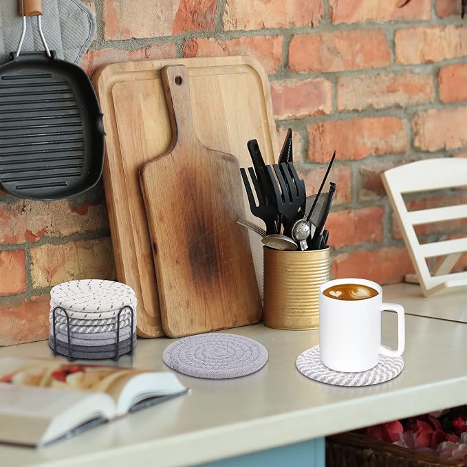 8 Pcs Drink Coasters with Holder, 4 Colors Absorbent Coasters, Minimalist Cotton Woven Coaster Set for Living Room Decor, Tabletop Protection Suitable for Kinds of Cups, 4.3 Inches