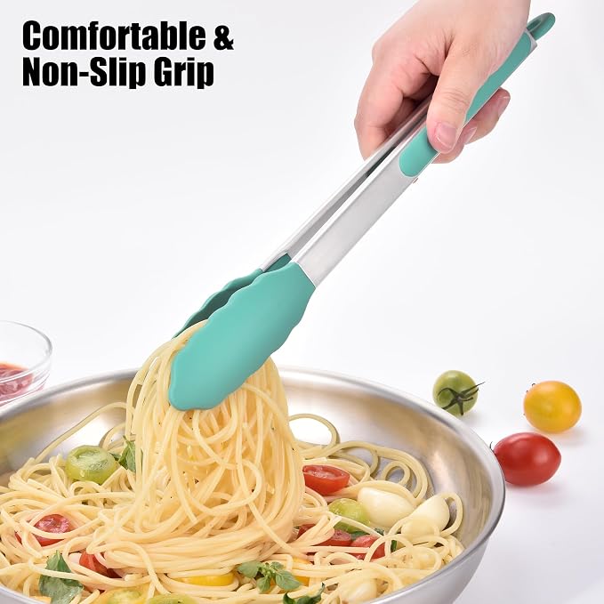 Doosu Kitchen Tongs with Silicone Tips for Cooking Serving (3Pcs, Aqua Sky) | 600°F Heat Resistant Food Tong, Heavy Duty Stainless Steel Locking Tong for BBQ, Grilling Steak, Salad, Toast, Pasta