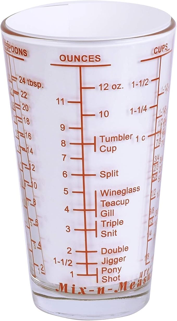 Kolder Mix N Measure Glass, Multi-Purpose Liquid and Dry Measuring Cup, 6 Units of Measurement, Heavy Glass, Red