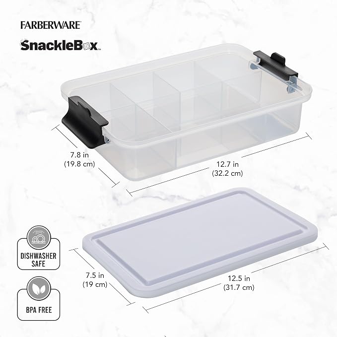 Farberware Small Build-a-Board Snacklebox with Locking Plastic Cutting Board Lid, Portable Charcuterie Storage with 7 Compartments (Pack of 4)