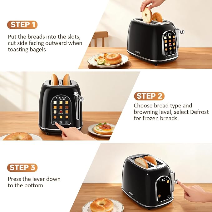 Mecity Toaster 2 Slice, Touch Screen Wide Slot Retro Toaster For Breads Bagel Muffin Waffle, House Warming Gift New Home, 120V 825W, Jet Black