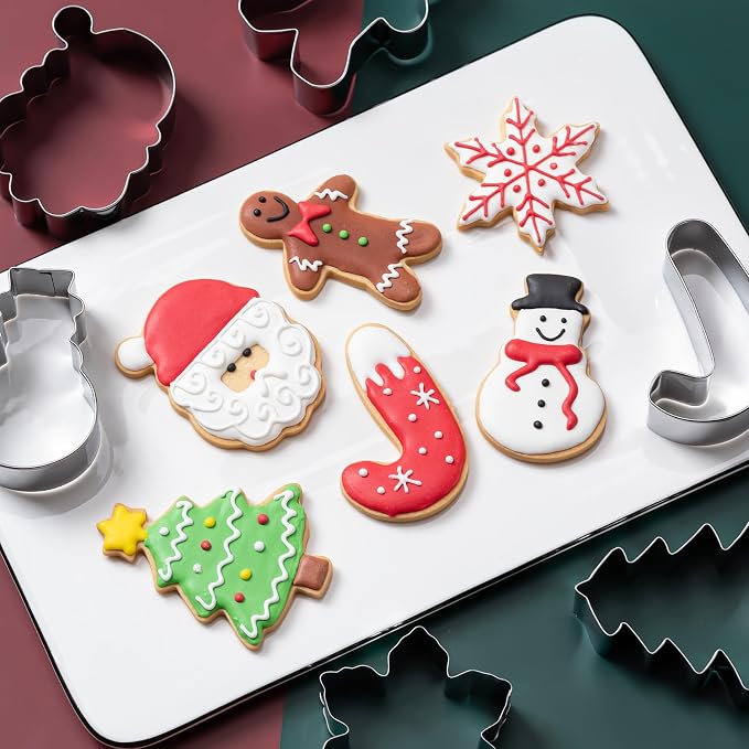 Christmas Cookie Cutters Set 6 Pieces,Biscuit Cutter Set for Holiday | Stainless Steel Metal Cutter with Christmas Tree, Gingerbread Man, Snowman, Snowflake, Candy Cane, Santa Face Shapes