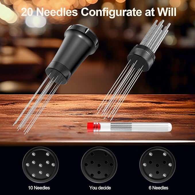 WDT Espresso Distribution Tool, Espresso Accessories with Built-in Cleaning Brush, 0.35mm 10 Needle Distributor and Extra 10 Needles for Espresso Stirrer, Aluminum Handle with Stand for Barista