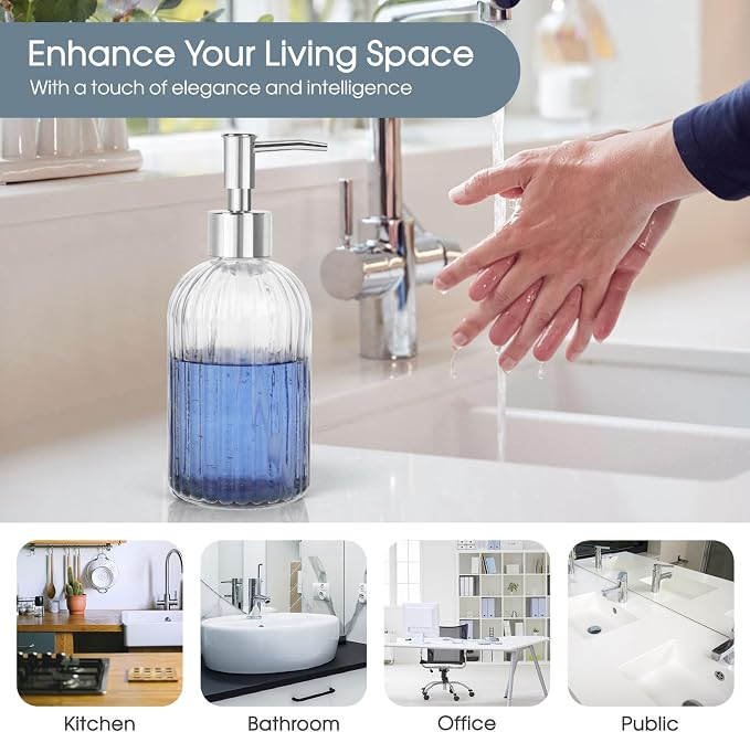 Topsky Stripe Glass Soap Dispenser with Plastic Pump, 400ml Liquid Hand Soap Dispenser, Rustproof Pump for Kitchen & Bathroom, Great for Lotions, Essential Oil, Liquid Soaps,Transparent