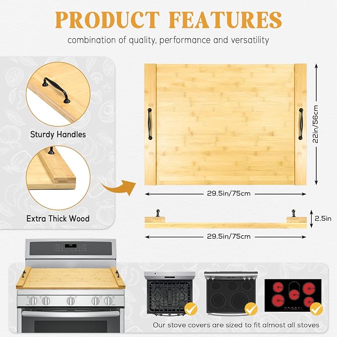 GASHELL Noodle Board Stove Cover with Handles for Electric, Gas Stove Top | 100% Bamboo, Natural, Increases Countertop Space, Multi-purpose, used as Charcuterie Board, Serving Tray, Turkey Board