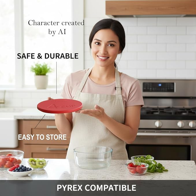 Yodecy Silicone Bowl Lids fit Pyrex Glass Bowls 7201-PC 4 Cup, Yodecy Silicone Bowl Lids fit Anchor Hocking Glass Bowls 7201-PC 4 Cup,Replacement Lids(2 Pack Red)