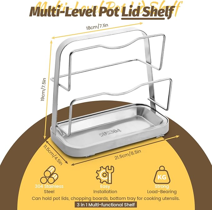 LELE LIFE Pot Lid Holder While Cooking, Pot Lid Organizer 304 Stainless Steel, Pan Cover Spoon Rest and Cutting Board Stand, Pot Lid Rack for Stove Top with Suction Cup & Drip Tray