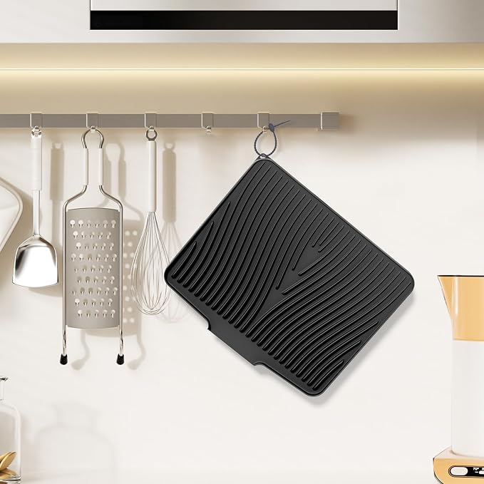 Silicone Dish Drying Mat for Kitchen counter | 15.8"x13" Dish Drainer Mat, Heat-Resistant Kitchen Counter Mat & Over-Sink Drying Tray, Can Be Hung, Black-2pcs