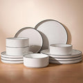 Famiware Nebula 12-Piece Dinnerware Set, White with Black Rim | Stoneware Dish Set for 4, Plates and Bowls, Microwave and Dishwasher Safe, Chip and Scratch Resistant