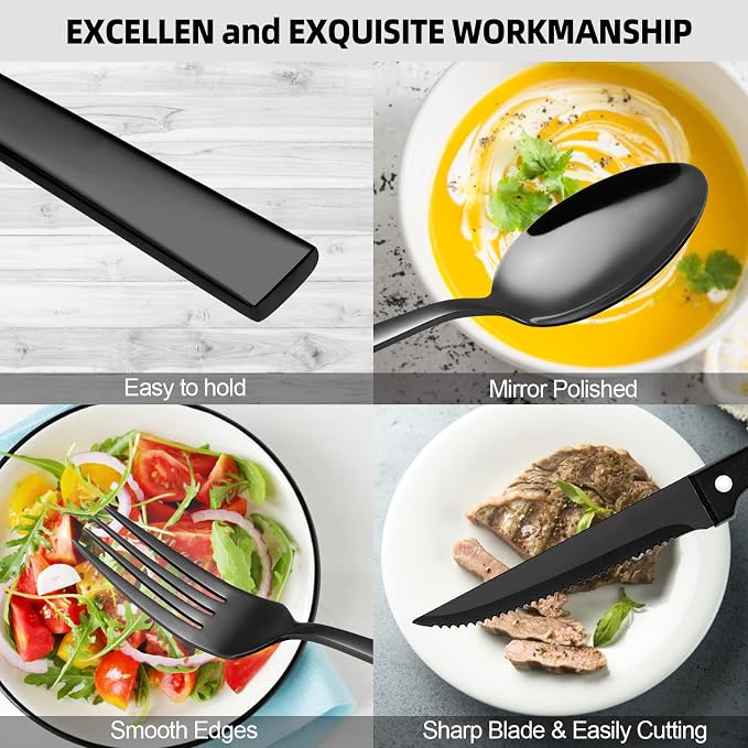 CEKEE 24 Piece Silverware Set for 4 With Steak Knives, Stainless Steel Black Flatware, Utensils, Tableware Cutlery for Home & Kitchen, Hand Wash Recommended