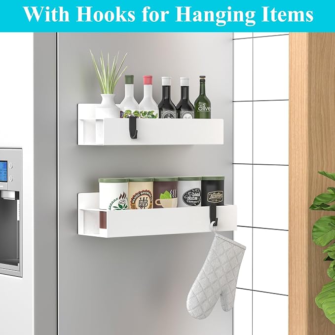 2 Pack Magnetic Spice Storage Rack Organizer for Refrigerator and Oven, White Fridge Organizers and Storage | Magnetic Shelves Heavy Duty for Fridge in Kitchen, Seasoning Storage Organizer, For Oven Washer and Dryer, For Heavier Items