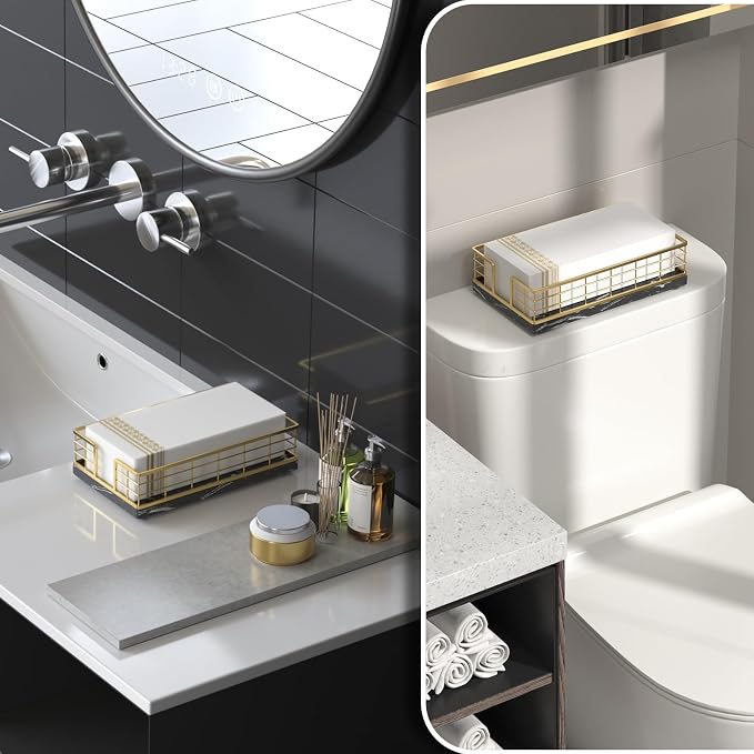 Wican Marble Guest Towel Holder Tray for Bathroom, Napkins Holder | Powder Room Dining Table Wooden Basket for Disposable Paper Hand Towels, Gold and Marble Black