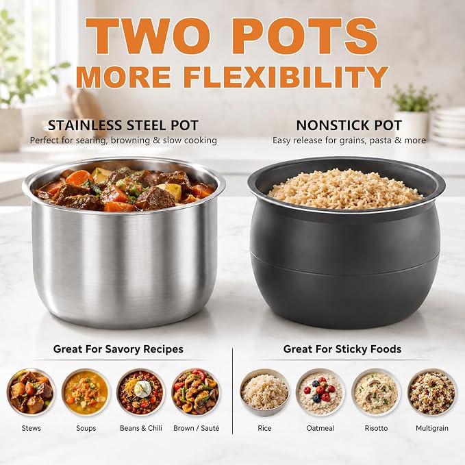 CARORI 6 Qt Electric Pressure Cooker, 9-in-1 Multi-Cooker with 2 Inner Pots, 6 Qt Stainless Steel Pot and 5 Qt Ceramic Nonstick Pot, 12 Presets, IMD Touchscreen, Black