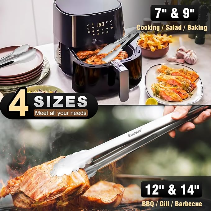 EDDEAS Grill Tongs - BBQ Tongs Heat Resistant 600 Degrees, Heavy Duty Metal, Perfect for Cooking, Grilling, Set of 4, 7",9",12" & 14 inch Black
