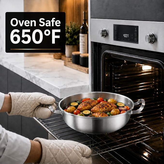 Delarlo Tri-Ply Stainless Steel 11 inch Everyday Pan with Lid, Kitchen Induction Deep Saute Pan,shabu shabu pot High Side Cooking Pot 3.5QT, Oven Safe Stock Pot, Up to 600℉