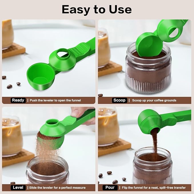 2-in-1 Coffee Scoop with Funnel, 2 Tbsp Measuring Spoon for Reusable K Cups, Ground Coffee, Protein Powder & Tea, Mess-Free Plastic Design（Green-1pack）