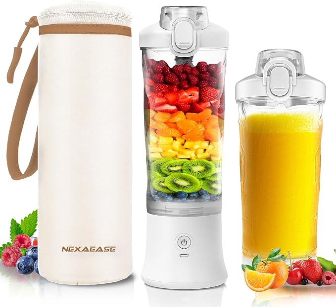 Portable Blender Personal Juicer for Shakes Smoothies with Insulated Sleeve | 20 Oz Electric Protein Shaker Bottle, Travel Lid, USB-C Rechargeable, Mini Small Cordless Blender Cup for Kitchen Travel Gym