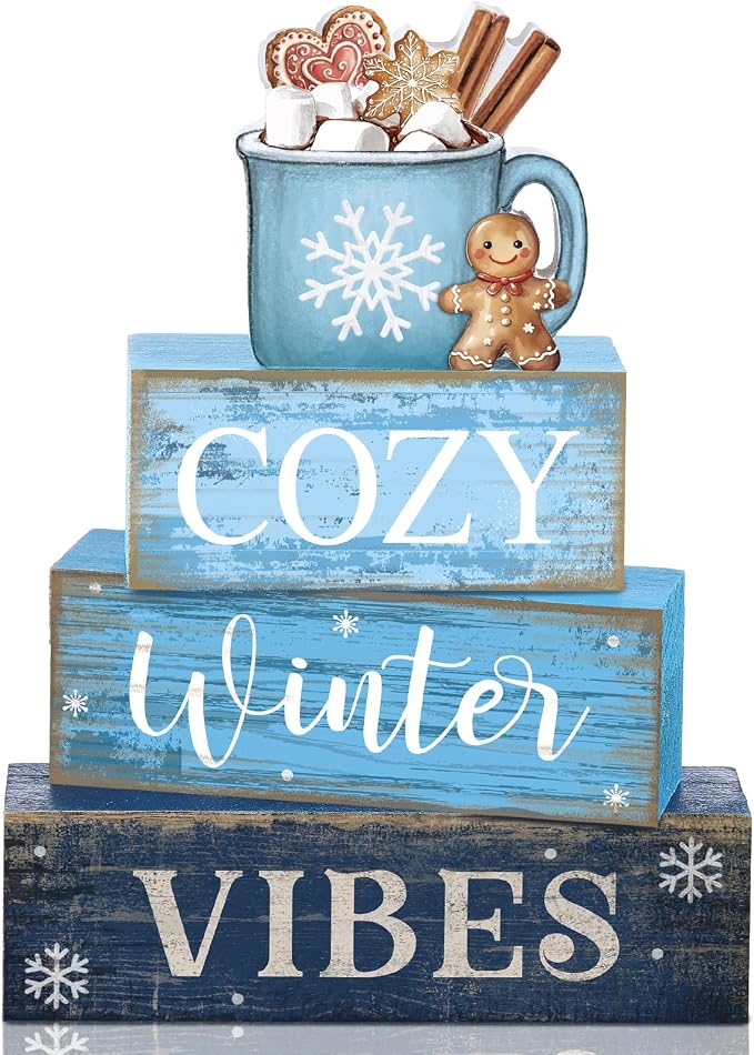 Lineshading 4 Pcs Wooden Farmhouse Tiered Tray Decor Winter Block Signs | Rustic Tabletop Decor, Hot Cocoa Mug Topper, Blue Wooden Signs, Cozy Winter Vibes Theme, Farmhouse Style Home Accents