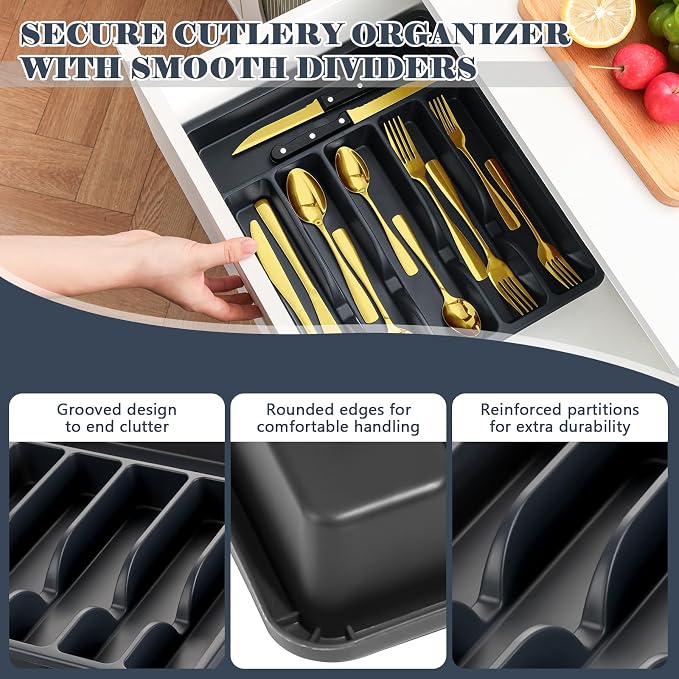 BEWOS 49-Piece Gold Silverware Set with Organizer - Stainless Steel Silverware Set for 8 with Drawer Organizer, Mirror Polished Flatware Set for Home and Restaurant, Dishwasher Safe
