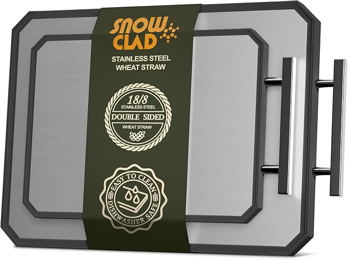 SNOWCLAD Stainless Steel Cutting Board Set of 2 for kitchen | Non-Toxic Metal Cutting Board,Double Sided Stainless Steel/Wheat straw pp Large for meat,Dishwasher Safe [16*11+12*8.3 Inch]
