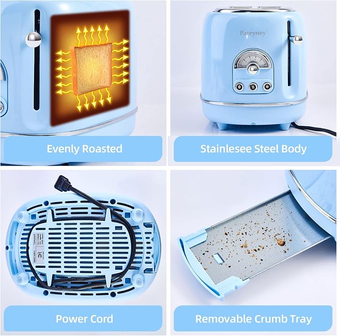 Retro Stainless Steel Toaster - 2 Slice, Extra-Wide Slot, 6 Adjustable Settings, Removable Crumb Tray, Defrost, Cancel, Reheat (Light Blue)