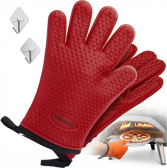 KITCHEN PERFECTION XL Silicone Pizza Oven Gloves Heat Resistant Oven Mitts | Waterproof, 5-Finger Design For A Better Grip, for Outdoor & Indoor Pizza Ovens, Compatible with Ooni, Ninja, Gozney & More