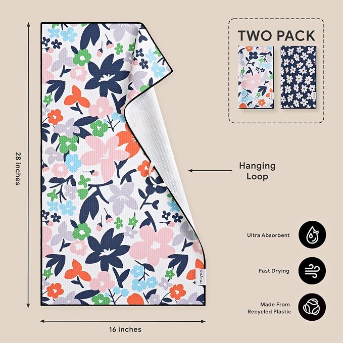 RECYCO Waffle Kitchen Towel Set of 2 - Quick Dry Microfiber Sustainable Dish Towels - Ultra Absorbent Reusable Cleaning Tea Towels - Lightweight Hand Towels,16”x 28”, Whimsy Petals