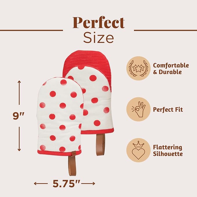 Folkulture Oven Mitts, Polka Red, Set of 2, Heat Resistant - (5.75"x9") | 100% Cotton, Non Slip, Silicone, Cute Mini Mits with Hanging Loop, Kitchen Décor, Cooking Gifts, New Home Essentials