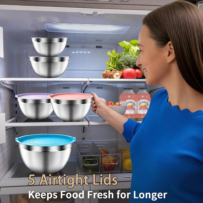 Mixing Bowls with Airtight Lids Set, 5 PCS Stainless Steel Colorful | Nesting Storage Bowls for Kitchen, Large Prep Metal Bowl, 5.5/4/3.5/2/1.5 QT for Mixing, Serving & Backing, Dishwasher Safe