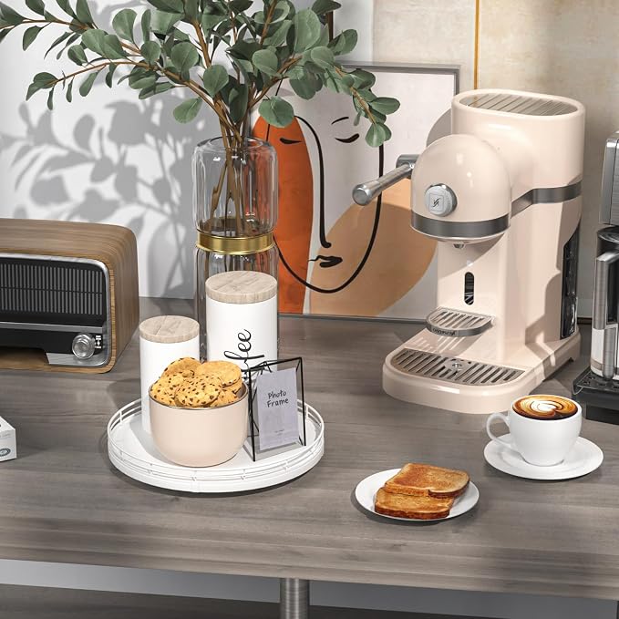 Oroyutor 10-Inch Oak Lazy Susan Spice Organizer, White Finish | Rotating oak tray organizes spices, toiletries and decor on kitchen counters, bathroom vanities, dining and coffee tables.