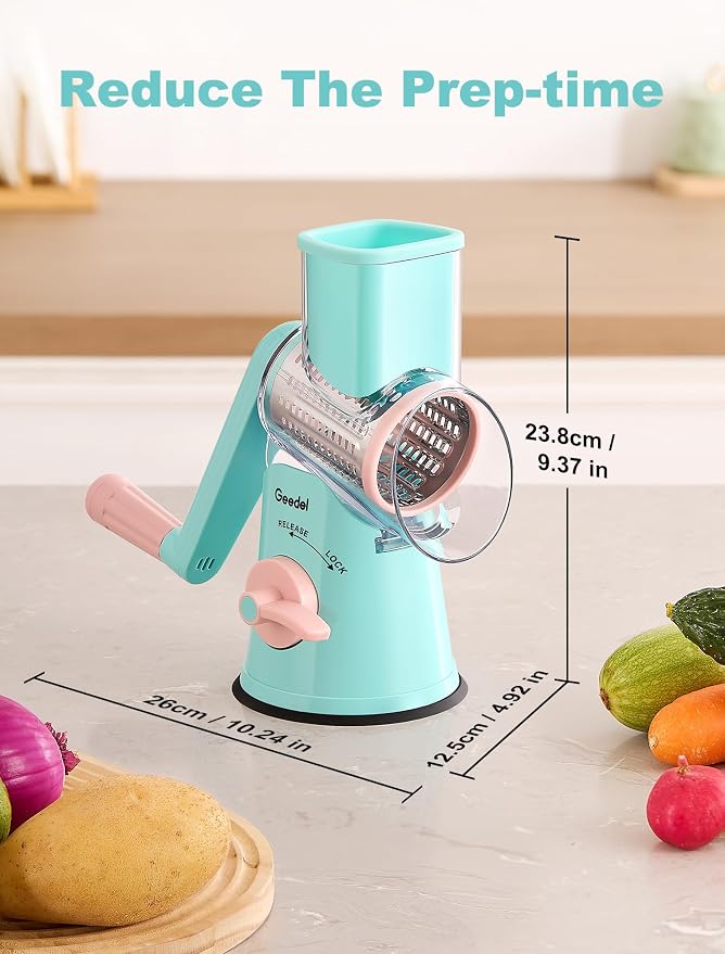 Geedel Rotary Cheese Grater Hand Crank, Cheese Shredder Vegetable Slicer | 5 Blades, 430 Stainless Steel, 12x Fast Cutting, Strong Suction Base, No BPA, Dishwasher Safe, for Cheese, Veggie, Nut