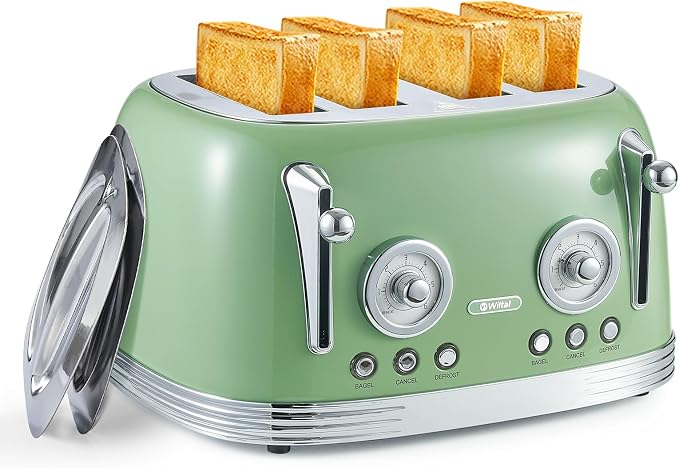 Wiltal 4 Slice Toaster, Retro Green Toaster, Bagel, With Stainless Steel Lid. Reheat, Defrost and Cancel Functions, Countdown Function, 6 Browning Levels, Stainless Steel Material, TR03