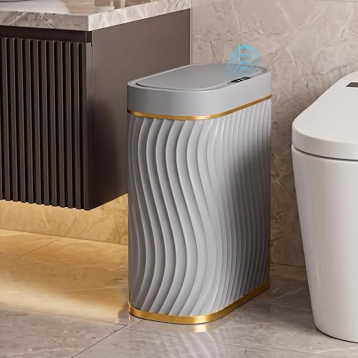 2.6 Gallon Automatic Bathroom Trash Can with Touchless Lid, Grey Gold | Motion Sensor Trash Can with Slim Waterproof Body; Small Plastic Garbage Can, hands-free lid for Bedroom, office, and kitchen