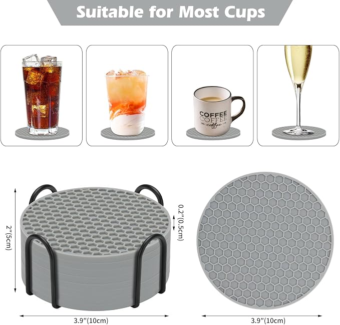 TWTLi Silicone Coasters Set of 8 with Holder — Non-Slip Drink Coasters for Coffee Table, Home Bar & Kitchen, Protects Wood & Marble Surfaces from Water Rings, Dishwasher Safe (Gray)